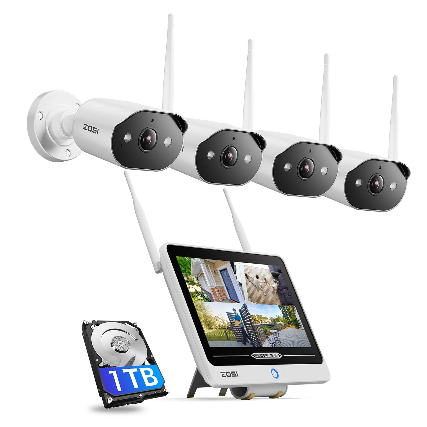 Varnostni kamerov sistem ZOSI 2K Wi-Fi 6 8-kanalni – 12'' LCD-zaslon, 3MP notranje/zunanje vtične WiFi kamere