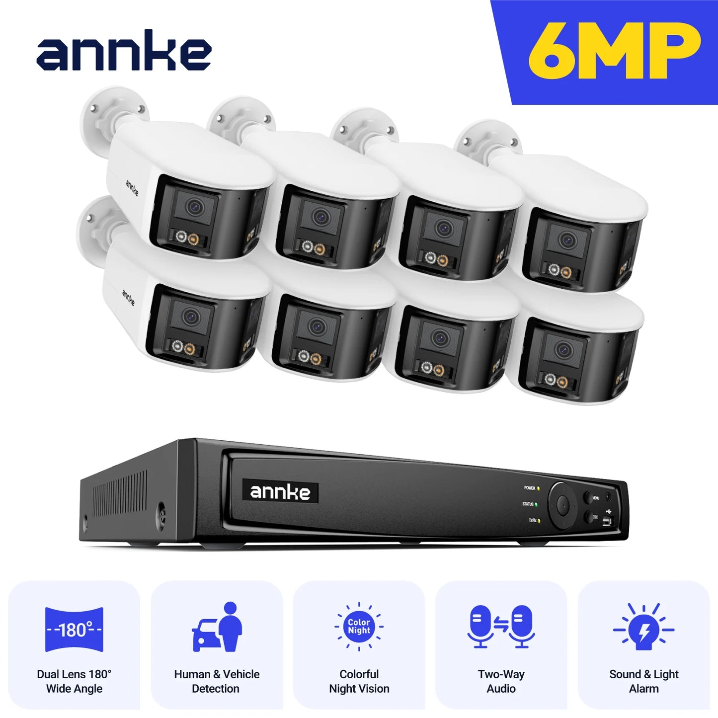 ANNKE 4K 8MP panoramski dvojni objektiv PoE sistem | 8-kanalni NVR, 180° pogled, IR nočni vid, 6MP kamere