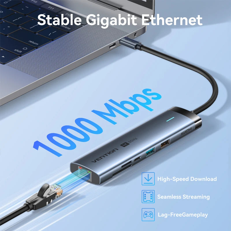 Vention USB‑C 9‑in‑1 Hub | HDMI 4K 60Hz, PD 100W, RJ45, USB 3.0 Docking Station