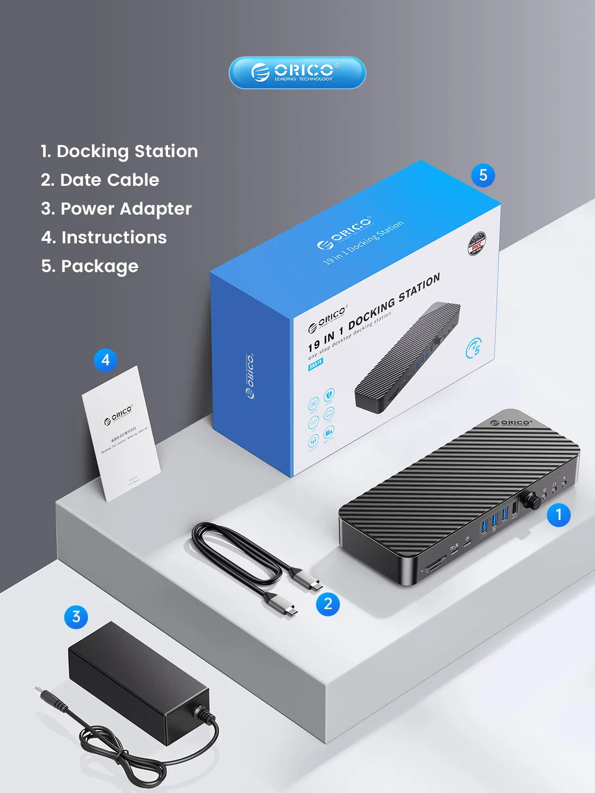 ORICO 19‑in‑1 USB‑C Desktop Docking Station with 4K HDMI, VGA, RJ45, PD Charging