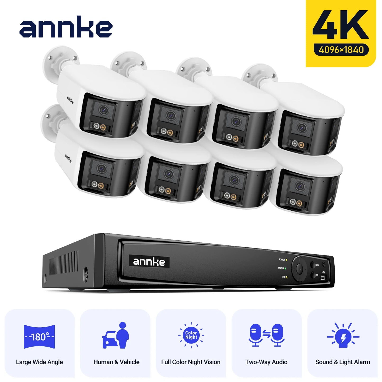 ANNKE 4K 8MP panoramski dvojni objektiv PoE sistem | 8-kanalni NVR, 180° pogled, IR nočni vid, 6MP kamere