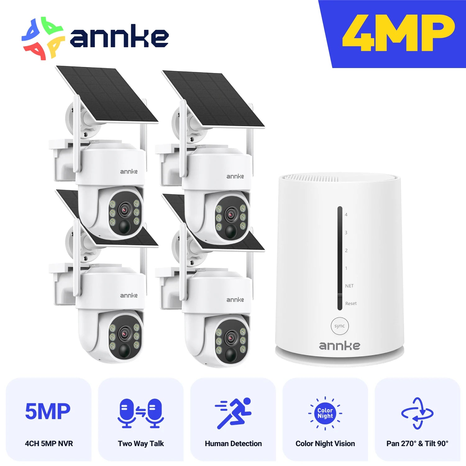 ANNKE 4MP Solar Wireless Camera System | 4CH NVR, Color Night Vision, Dual‑Band WiFi