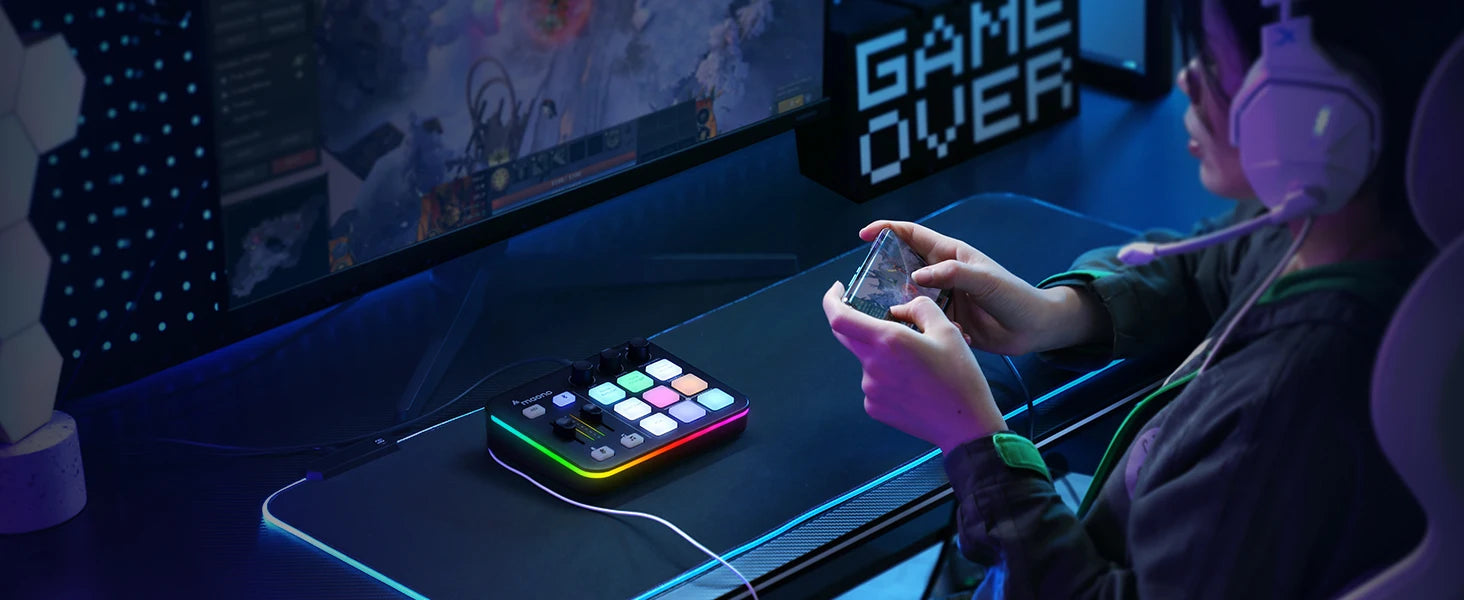 Maono G1 NEO – Gaming Audio Mixer 4‑Channel | RGB Effects, Custom Sound Pads, XLR Mic Interface, Streaming & Podcast Mixer