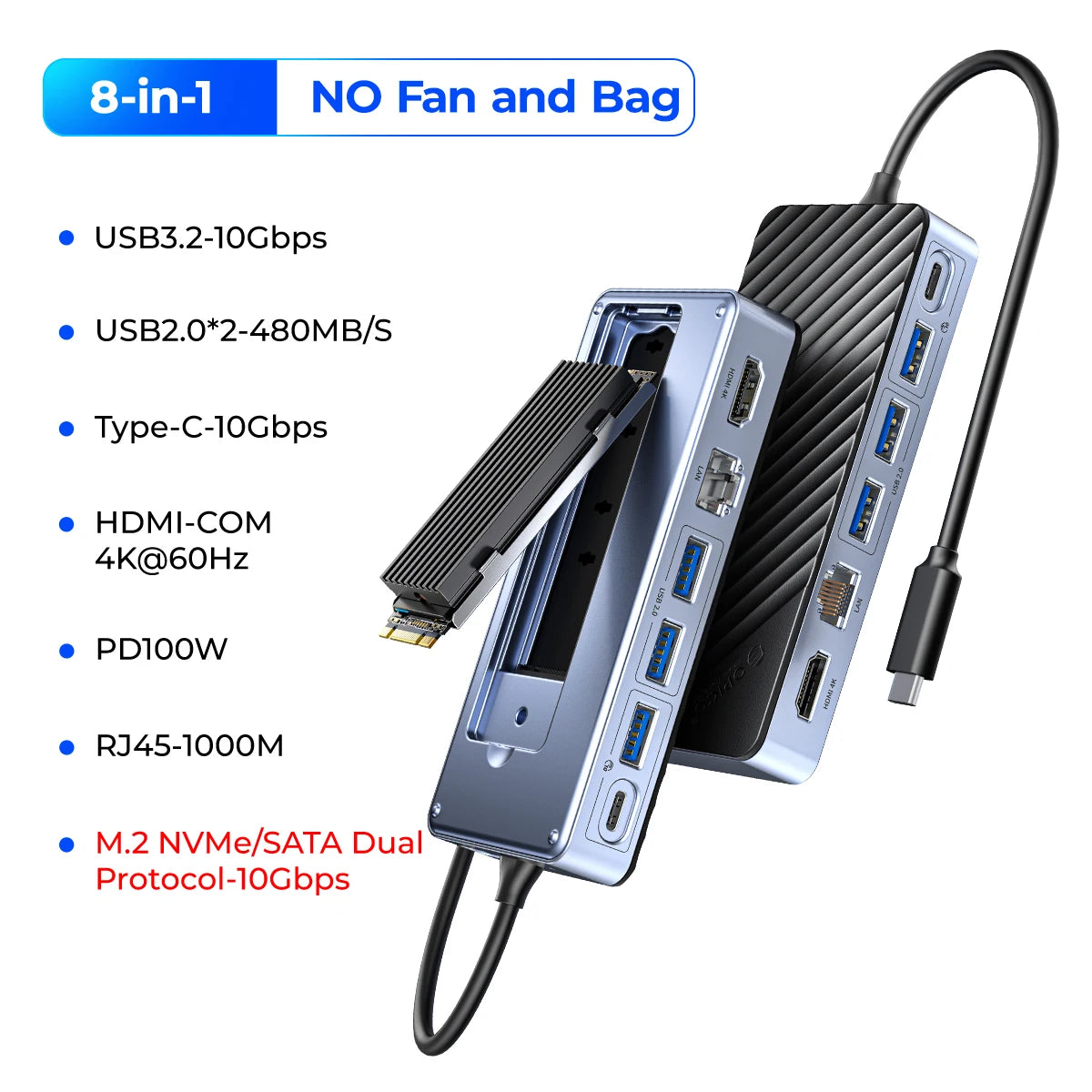 RICO USB‑C Hub Docking Station with M.2 NVMe/SATA SSD Enclosure