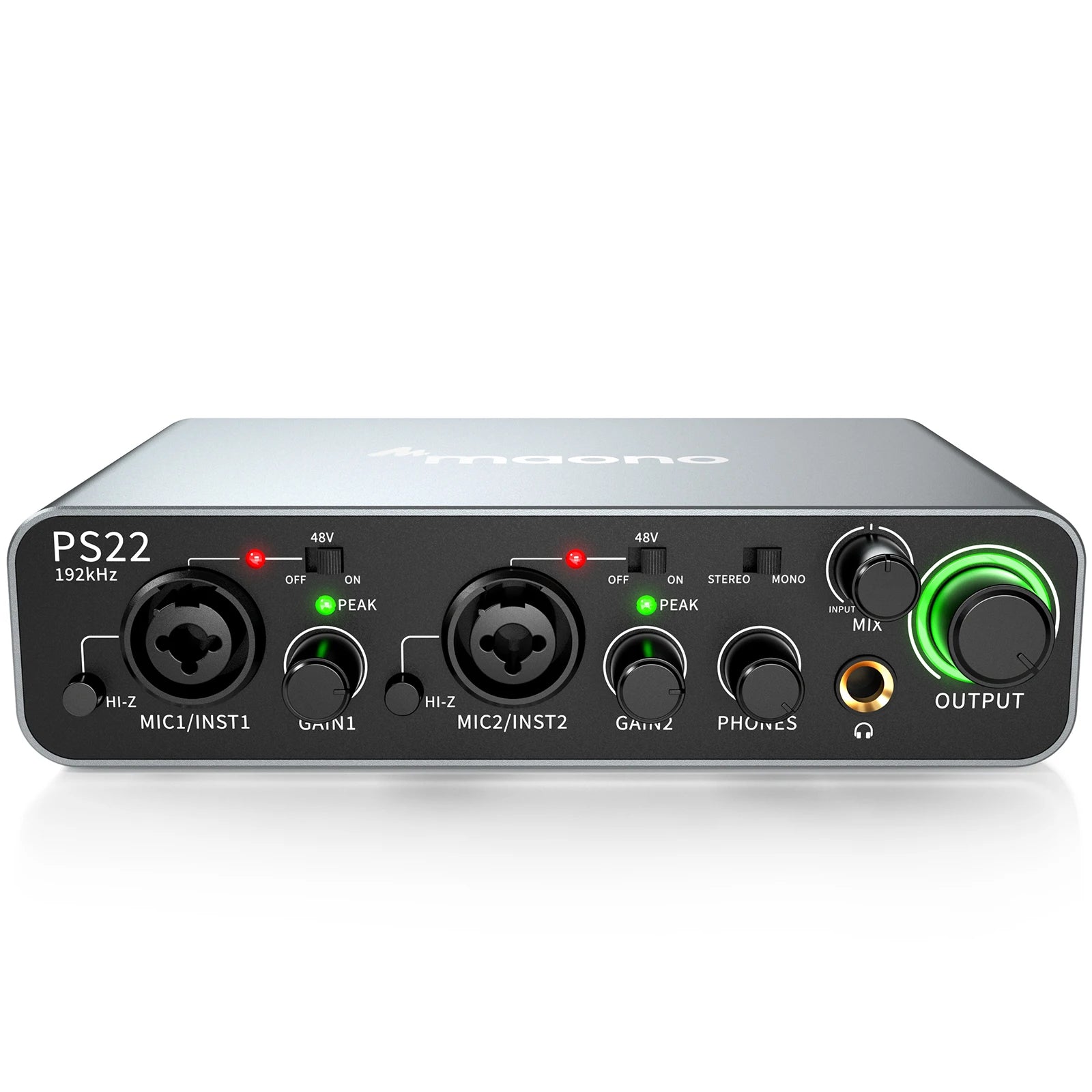 Maono PS22 – USB Audio Interface 24‑bit/192 kHz | 60 dB Pro Preamp, Dual USB, Low‑Noise Recording for Home Studio, Podcast & Streaming