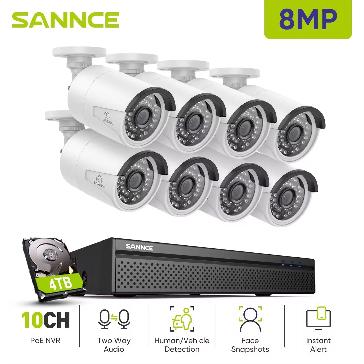 Sistem SANNCE 8-kanalni 8MP PoE NVR | 5MP IP66 kamere, nočno gledanje IR-CUT, žični CCTV komplet