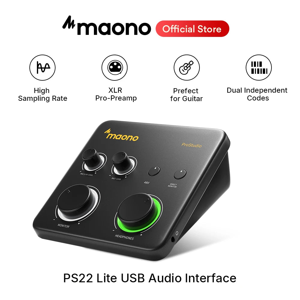 Maono PS22 Lite – USB avdio vmesnik 24-bit/192 kHz | XLR vhod, povratna zanka, podpora za ASIO, združljiv z DAW za glasbo, kitaro in snemanje