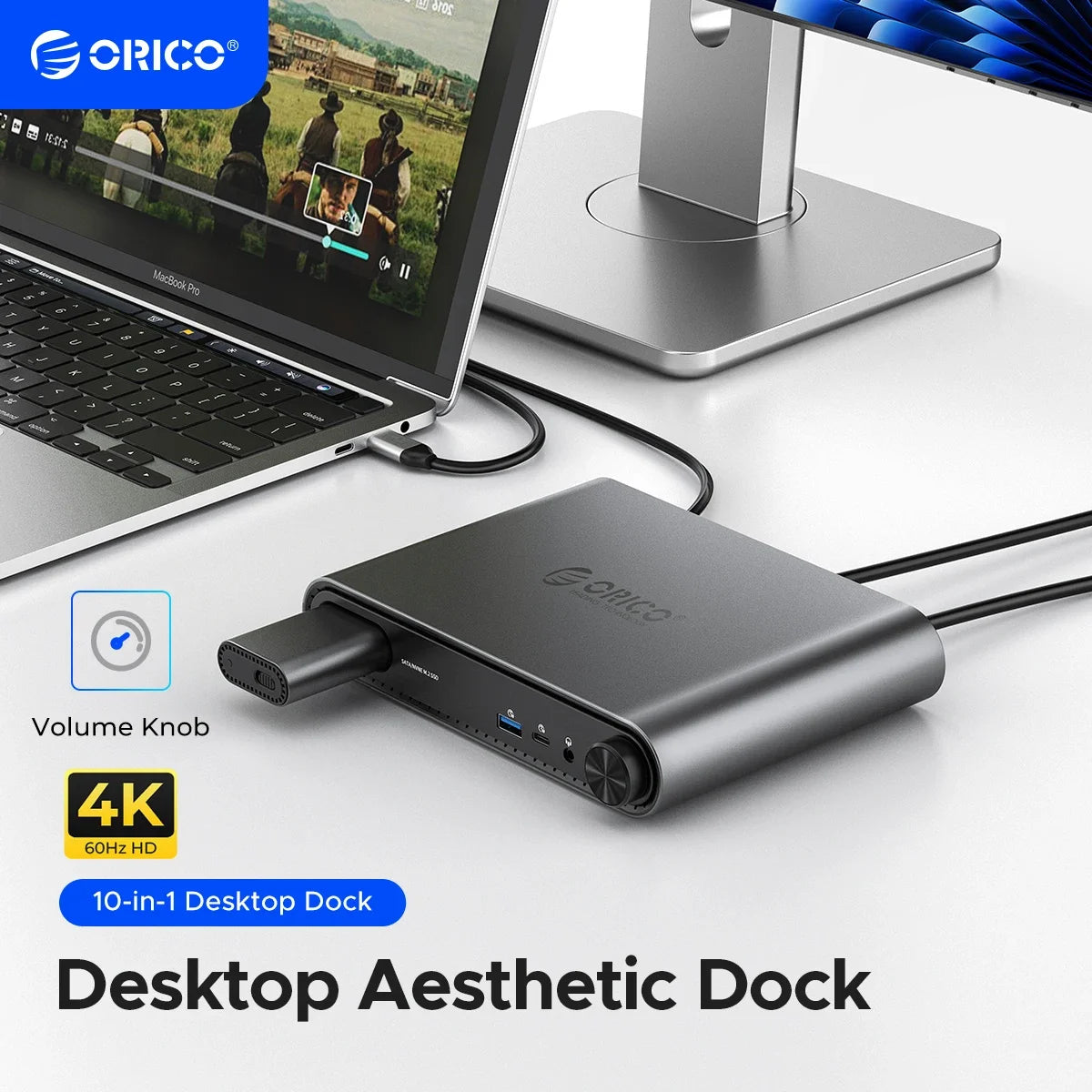 ORICO 10-v-1 USB-C priklopna postaja z ohišjem za M.2 NVMe/SATA SSD, 4K60Hz HDMI, PD100W