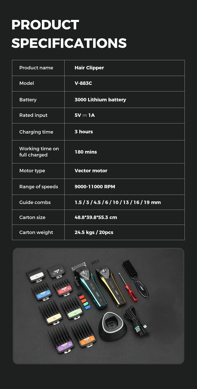 VGR Hair Trimmer Professional Hair Cutting Machine Vector Motor Hair Clipper 11000 RPM Barber Cordless Trimmer for Men V-883 S2
