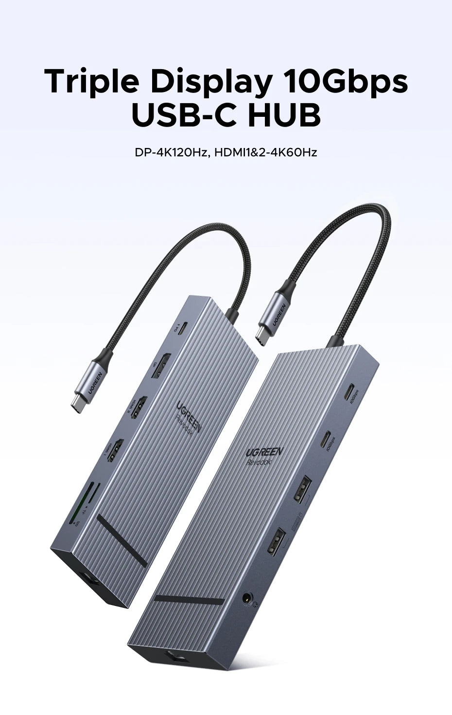 UGREEN 10‑v‑1 USB‑C zvezdišče s 4K120Hz DisplayPortom, dvojnim 4K60Hz HDMI, USB 3.2 Gen2 10Gbps
