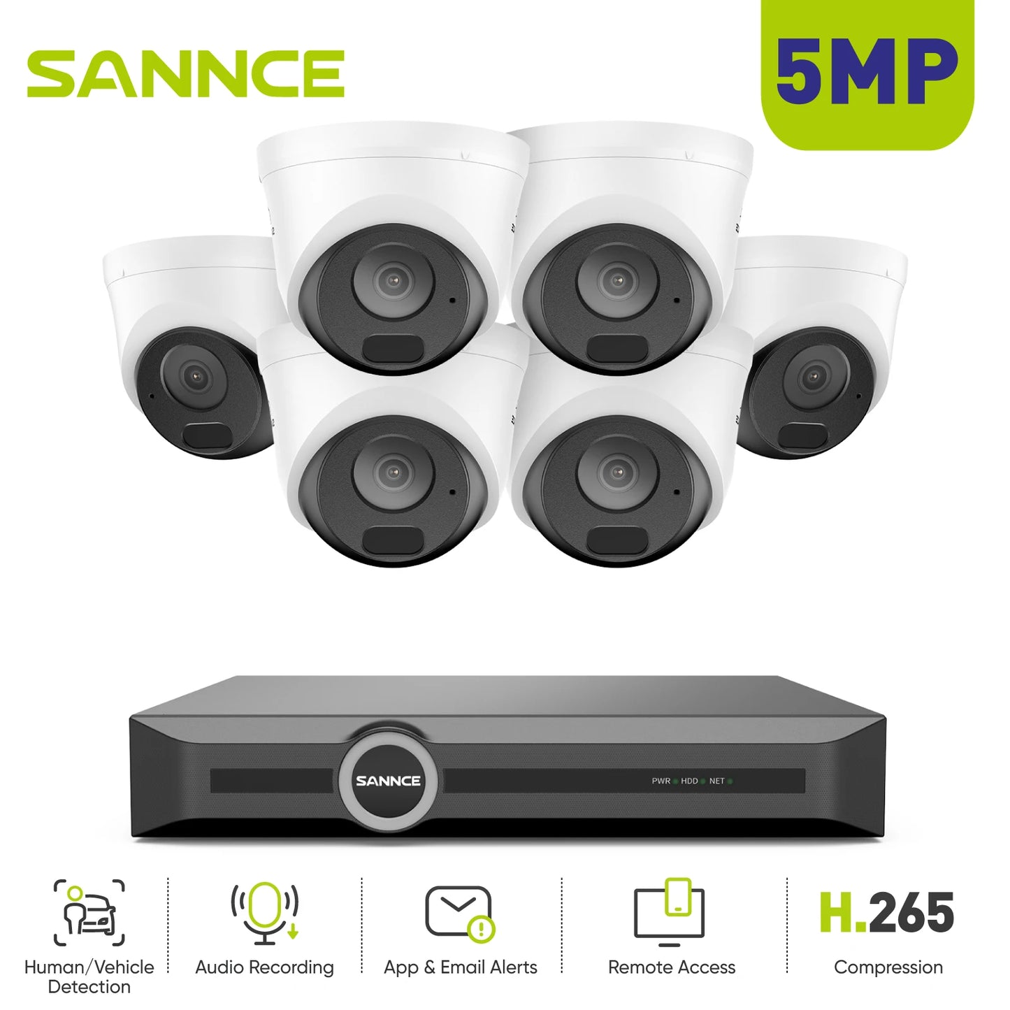 SANNCE 5MP PoE CCTV sistem | 8-kanalni NVR, snemanje zvoka, 30 m nočni vid, zaznavanje ljudi in vozil