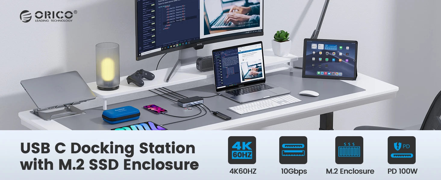 Priklopna postaja ORICO USB-C z ohišjem M.2 NVMe/SATA SSD (10 Gb/s), hladilni ventilator