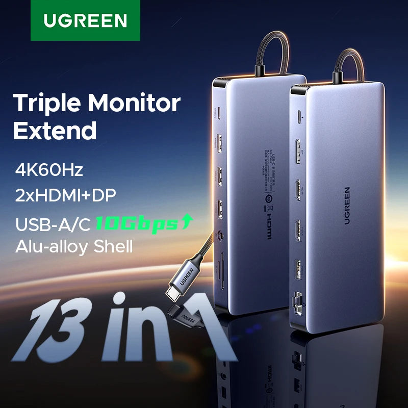 UGREEN 13-v-1 zvezdišče USB-C s trojnim zaslonom (DP 4K60Hz + dvojni HDMI 4K60Hz), USB-A/C 10Gbps