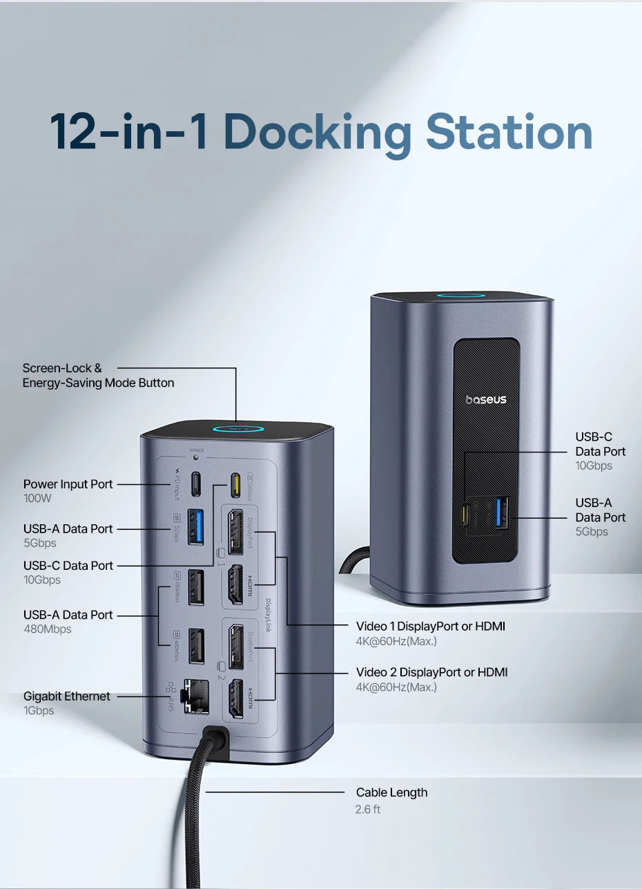 Bazna postaja Baseus 12-v-1 USB-C HUB | DisplayPort + HDMI 4K@60Hz MST, USB 3.2, RJ45, PD 100W