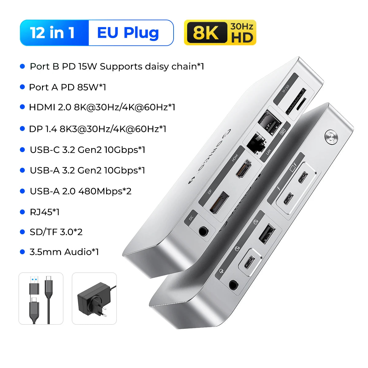 ORICO Thunderbolt 4 USB-C priklopna postaja z 8K30Hz HDMI, USB 3.2 Gen2 zvezdiščem in razdelilnikom Type-C