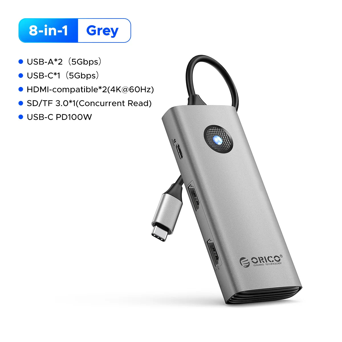 ORICO 8‑in‑1 USB‑C Hub Triple Display Docking Station with Dual HDMI 4K60Hz, USB 3.0 Ports