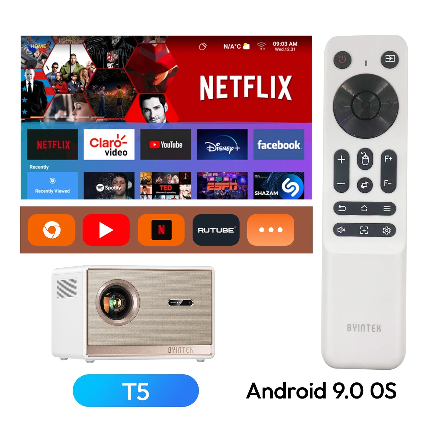 BYINTEK T5 Max Smart Home Theater Projector – 1000 ANSI Lumens, Native 1080P, 4K Support