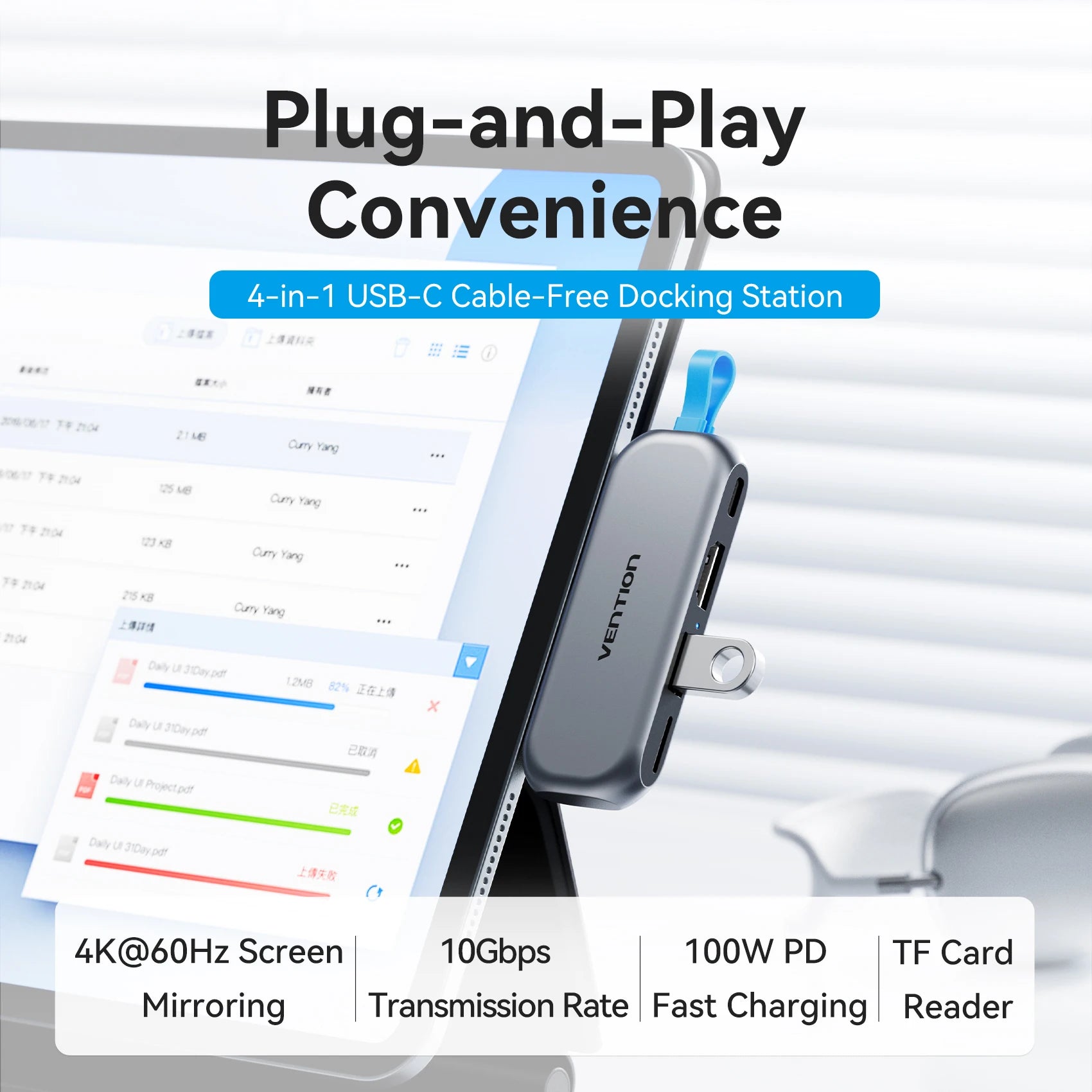 Vention USB‑C 4‑in‑1 Hub | USB 3.2 Gen2, 4K60Hz HDMI, PD 100W Portable Docking Station