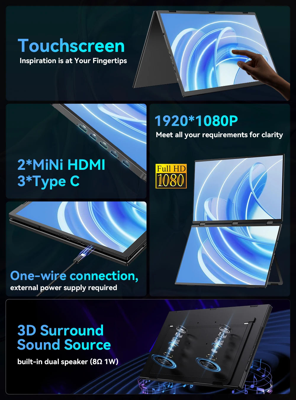 UPERFECT 100Hz Dual Screen Monitor 18.5" Laptop Folding Display w/ USB C Mini HDMI VESA Stand for Mac Phone Desktop - Limetastore