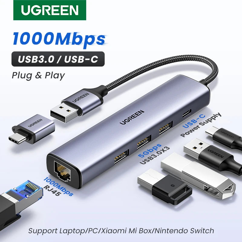 UGREEN USB Ethernet Adapter 1000/100Mbps USB 3.0 HUB RJ45 LAN