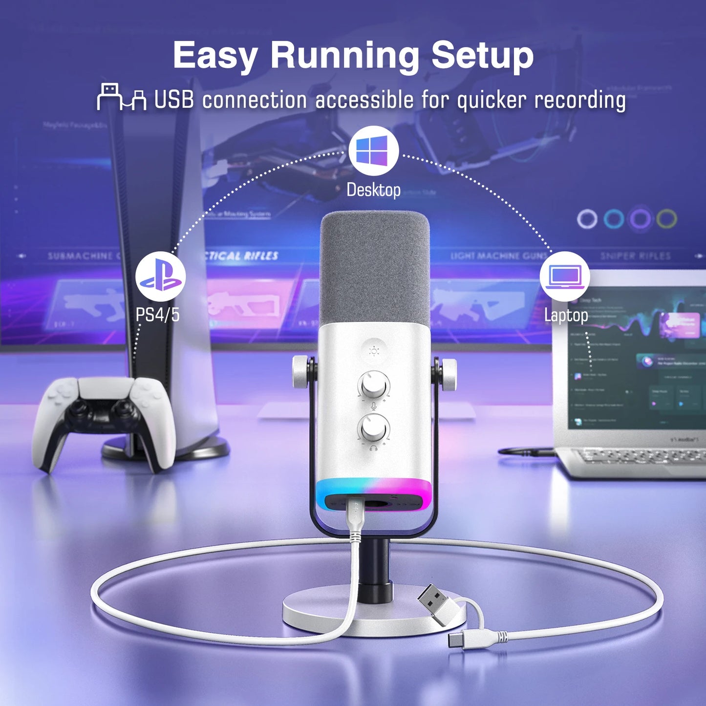 FIFINE AmpliGame AM8W White USB/XLR Dynamic Mic | RGB Gaming & Streaming - Limetastore