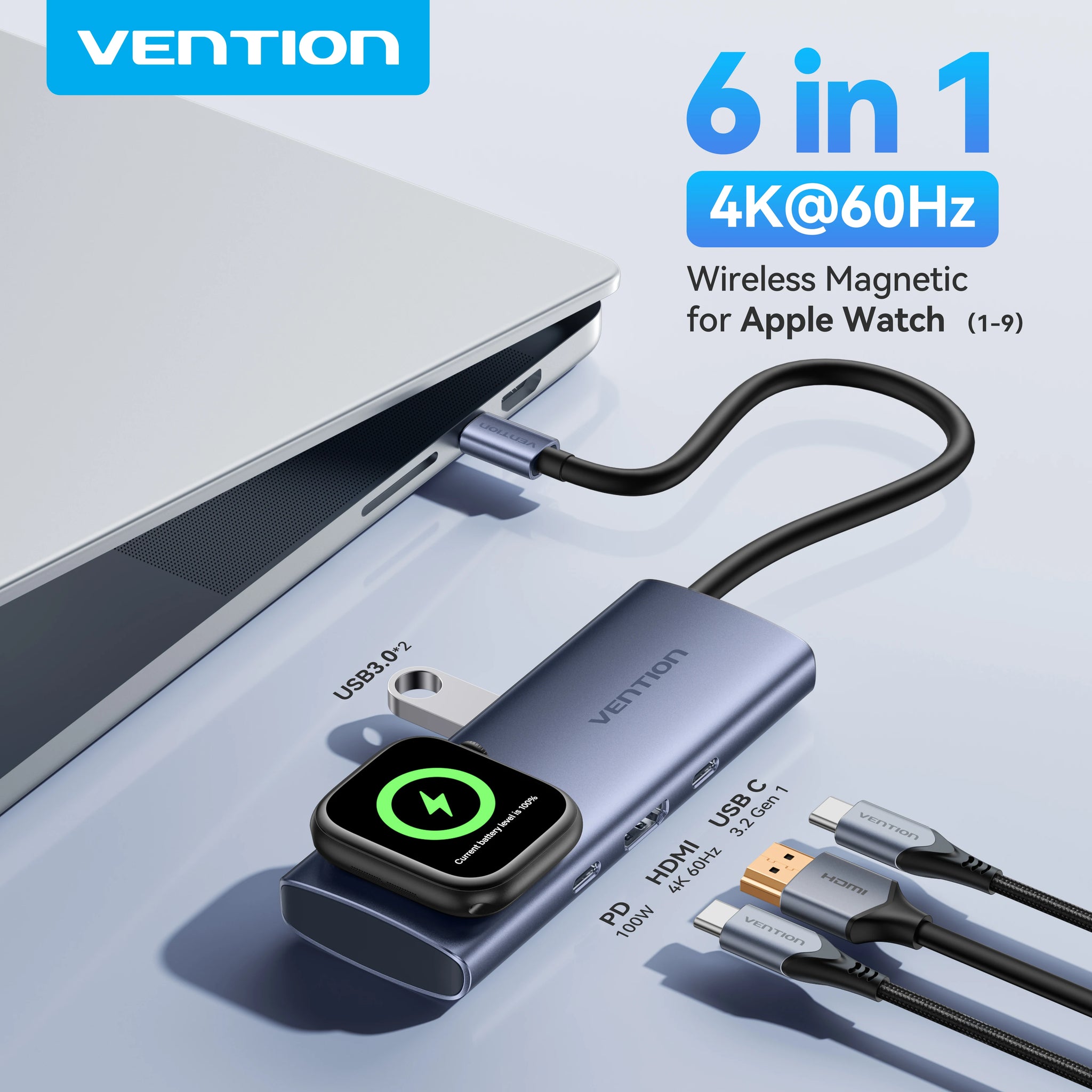 Vention USB-C zvezdišče 6-v-1 | HDMI 4K60Hz, PD 100W, USB 3.0, brezžični polnilnik za Apple Watch