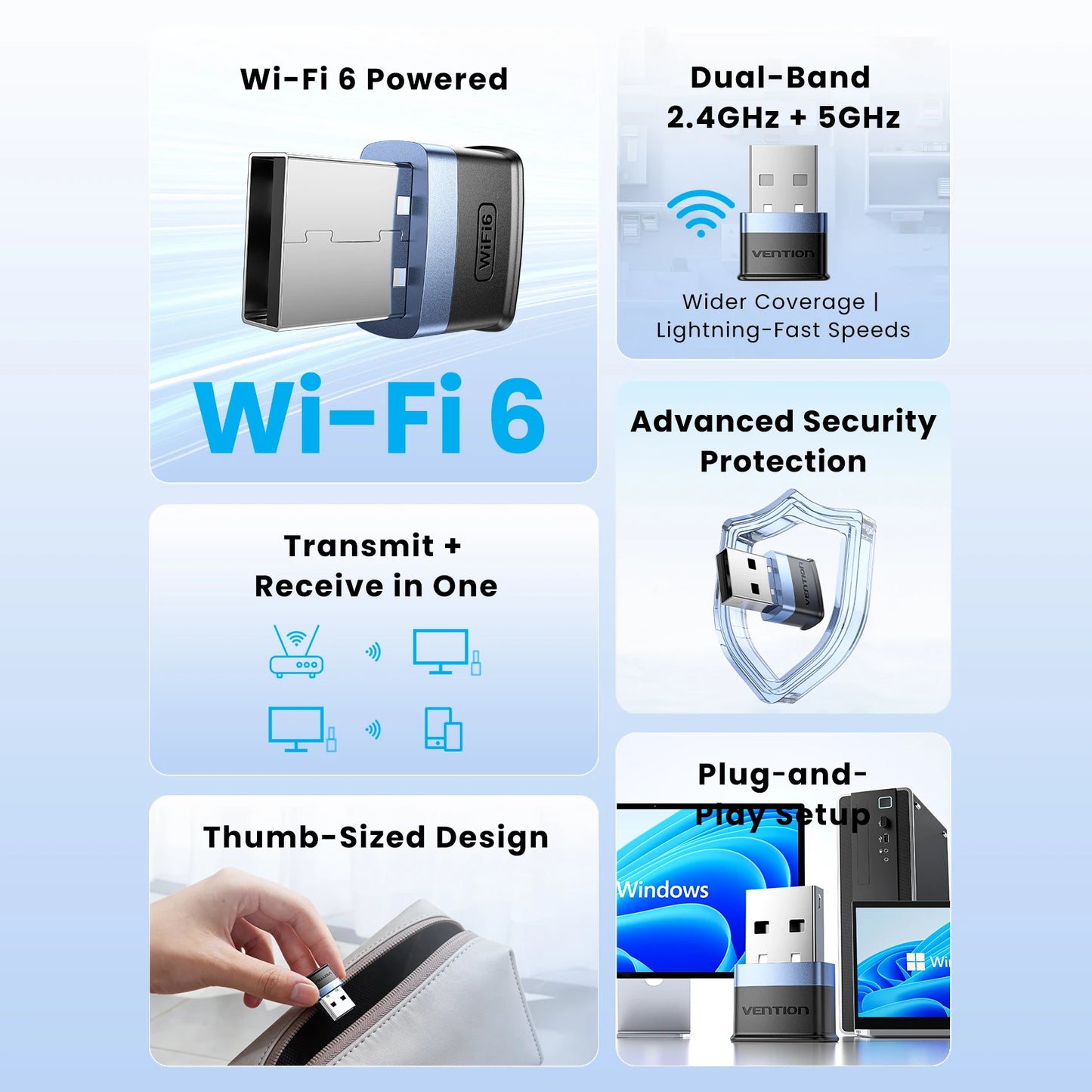Vention WiFi 6 AX900 USB adapter | Dvopasovni 2,4/5 GHz brezžični ključek za osebni računalnik in prenosnik z operacijskim sistemom Windows