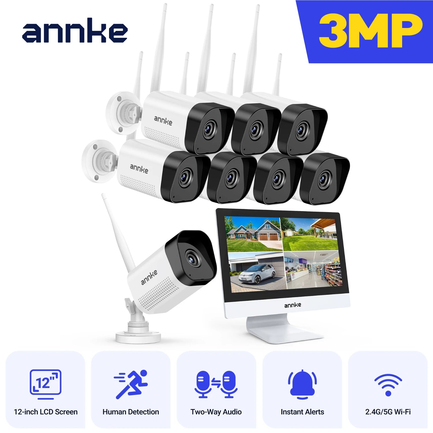 ANNKE 8MP 4K brezžični CCTV sistem | 10-kanalni NVR, dvopasovni WiFi, dvosmerni zvok, IR nočni vid