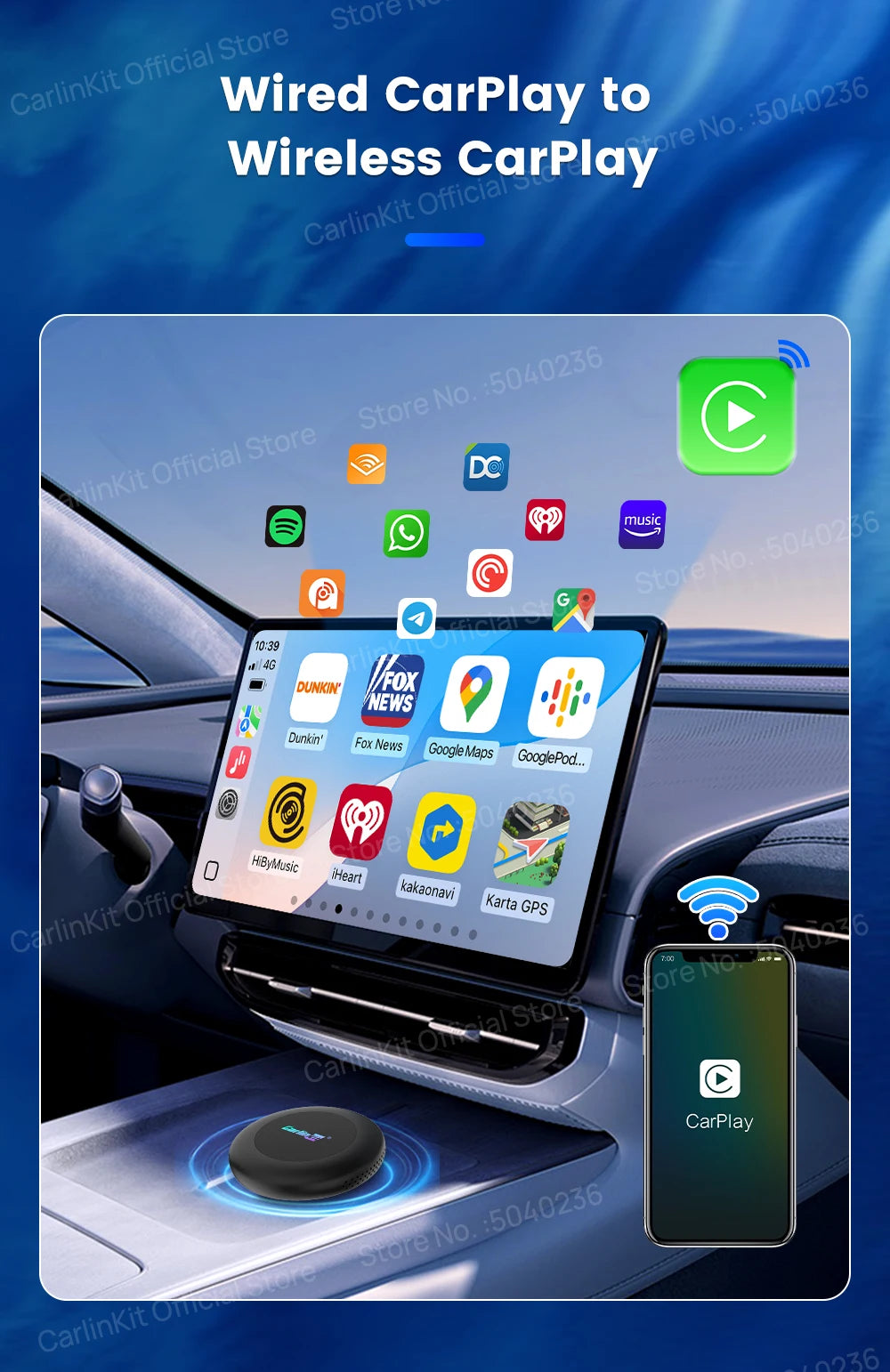 Brezžični CarPlay AI Box CarlinKit Android 15 SM6350 8+128 GB
