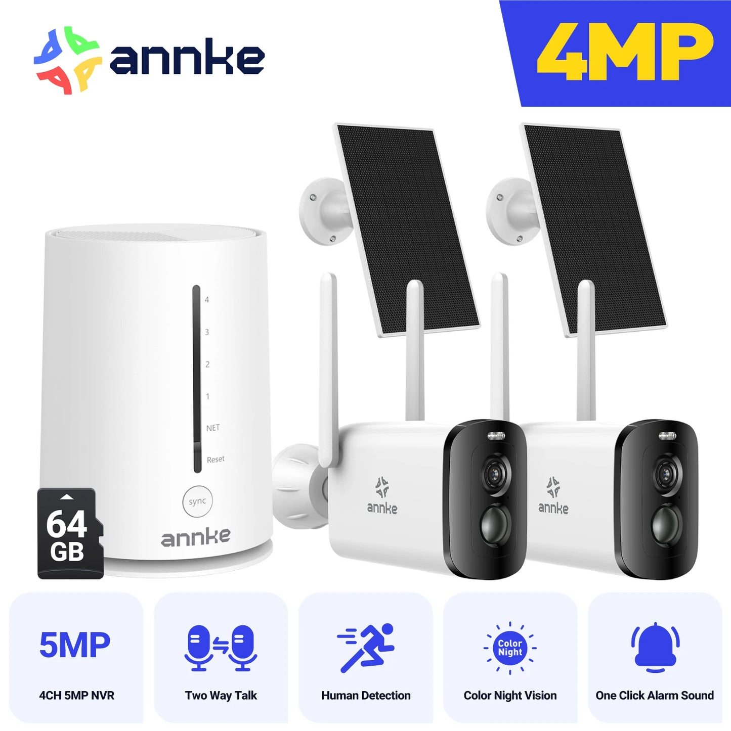 ANNKE 4MP Solar Wireless Camera System | 4CH NVR, Color Night Vision, Dual‑Band WiFi