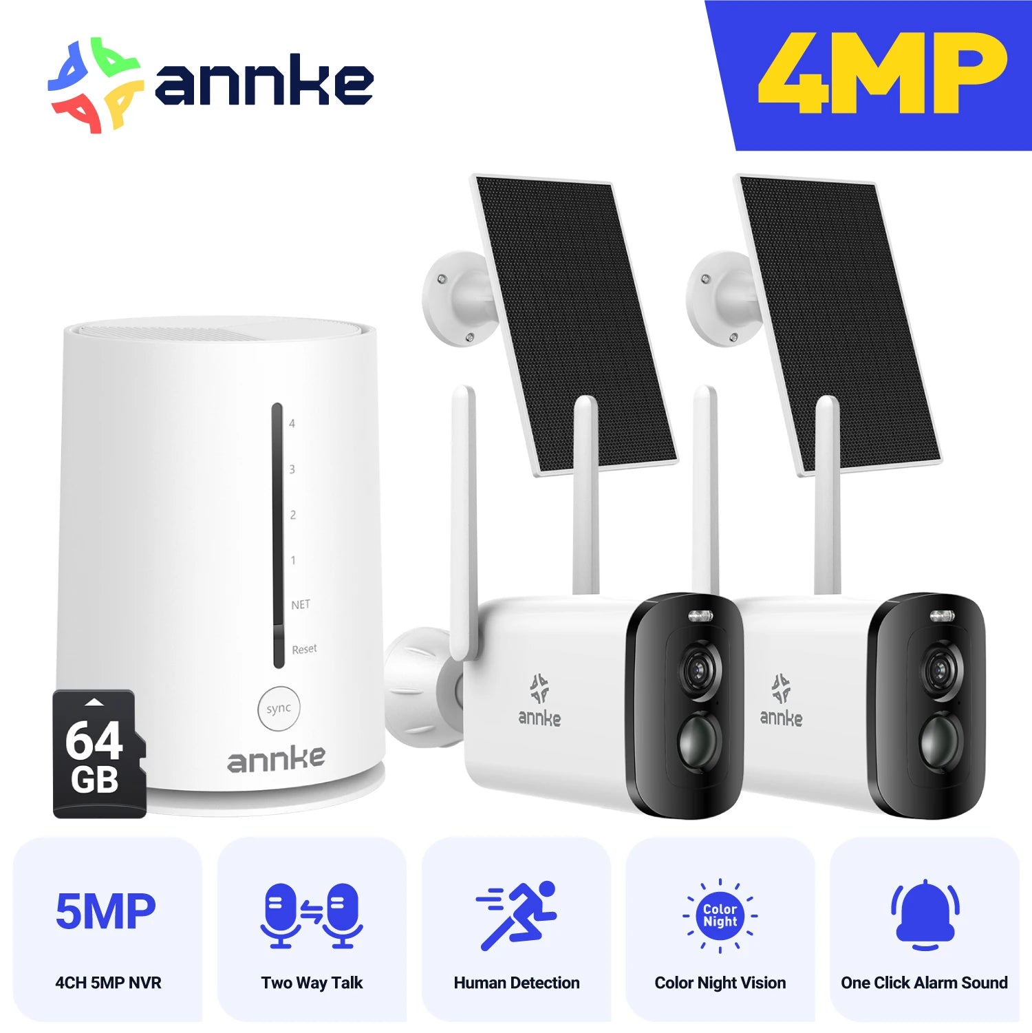 ANNKE 4MP Solar Wireless Camera System | 4CH NVR, Color Night Vision, Dual‑Band WiFi