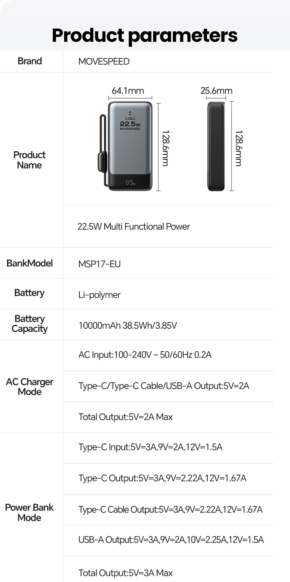 MOVESPEED MSP17 prenosna baterija (power bank) 10000mAh 2-v-1 z zložljivim EU vtičem