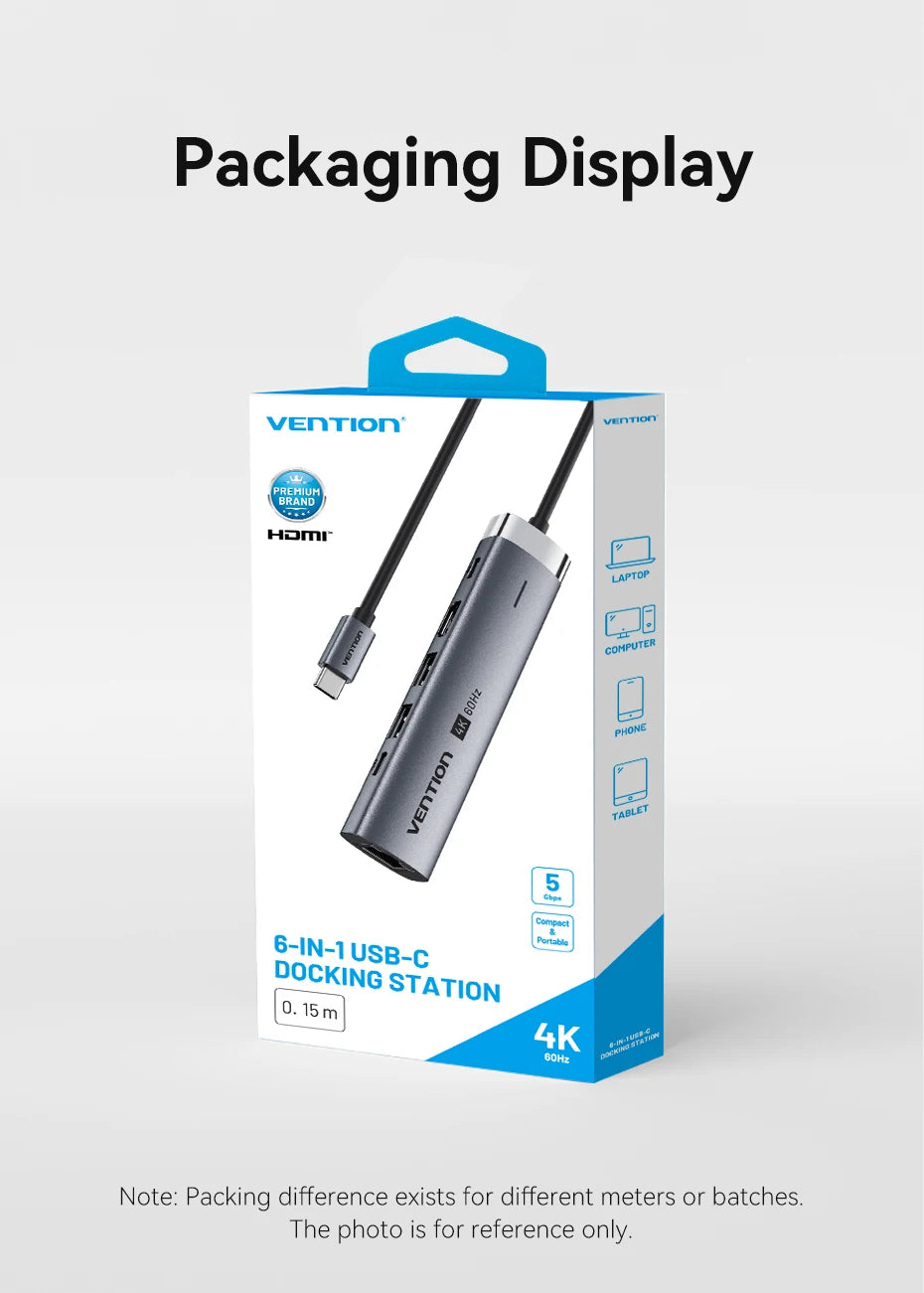 Vention zvezdišče USB‑C 6‑v‑1 | HDMI 4K, PD 100W, RJ45, priklopna postaja USB 3.0
