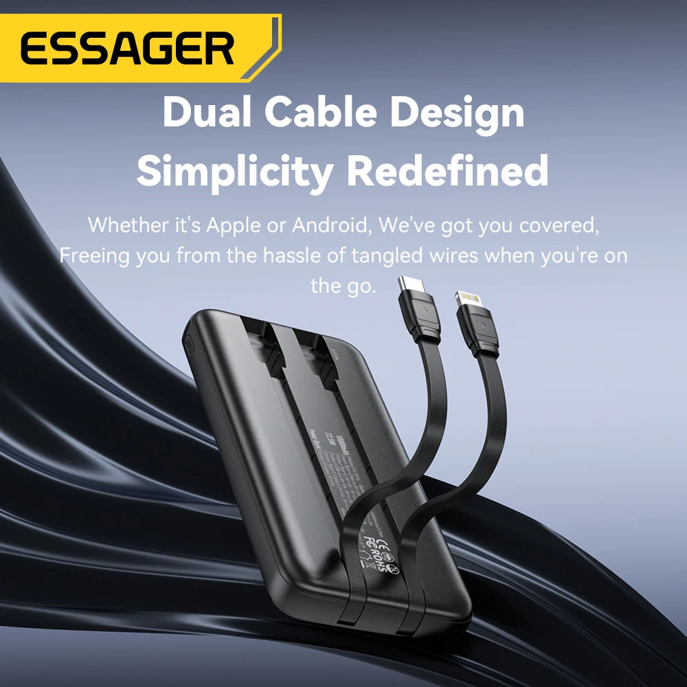ESSAGER 22.5W prenosna baterija 20000 mAh z dvema vgrajenima kabloma