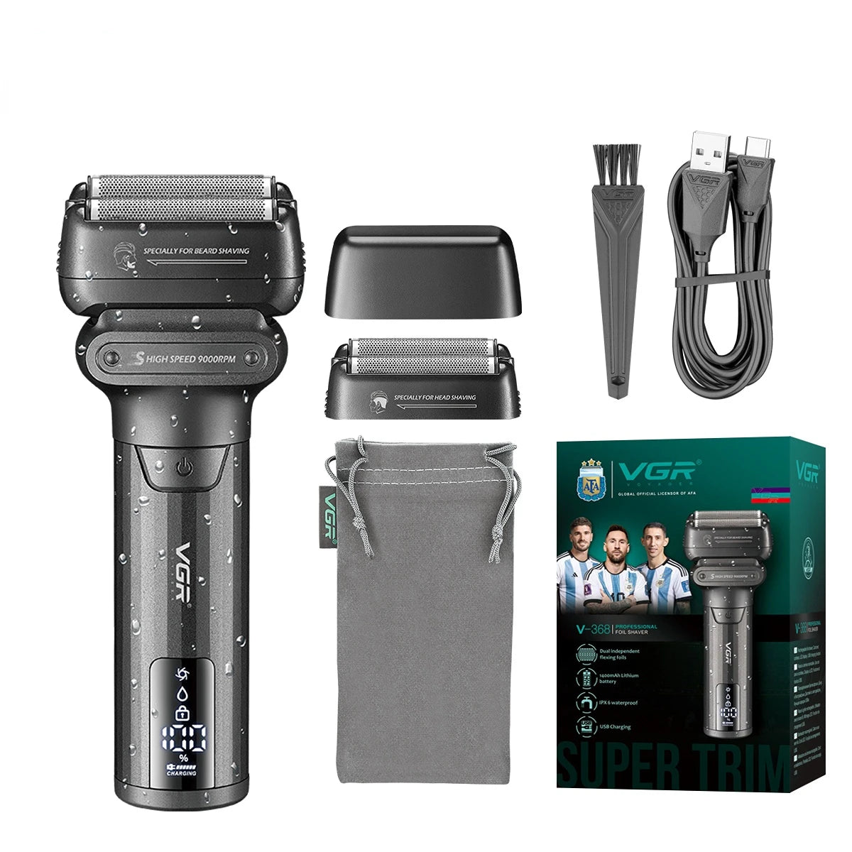 VGR V-368 Profesionalni brivnik z mrežico 9000 RPM 180-min IPX6 Vodotesen