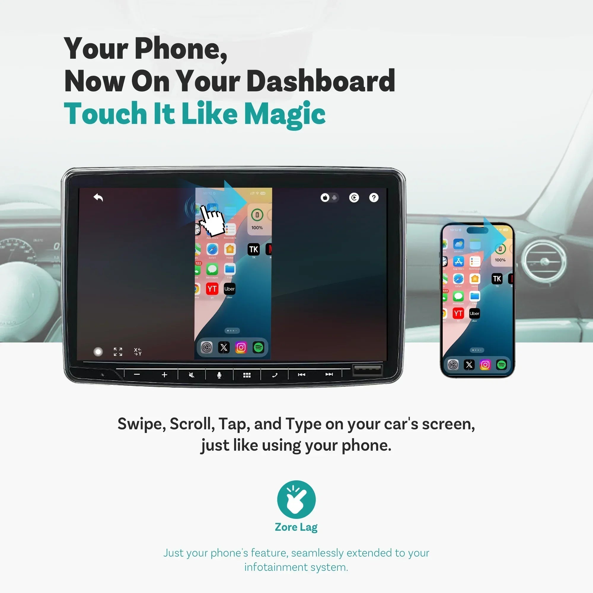 OTTOCAST Mirror Touch Bi‑Mirroring & Wireless CarPlay Adapter