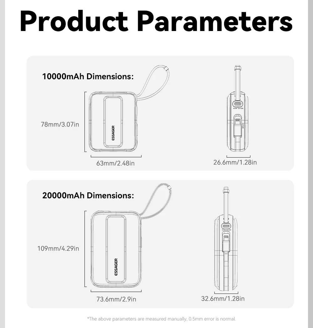 ESSAGER Mini prenosna baterija 20000mAh s kabli 22.5W PD