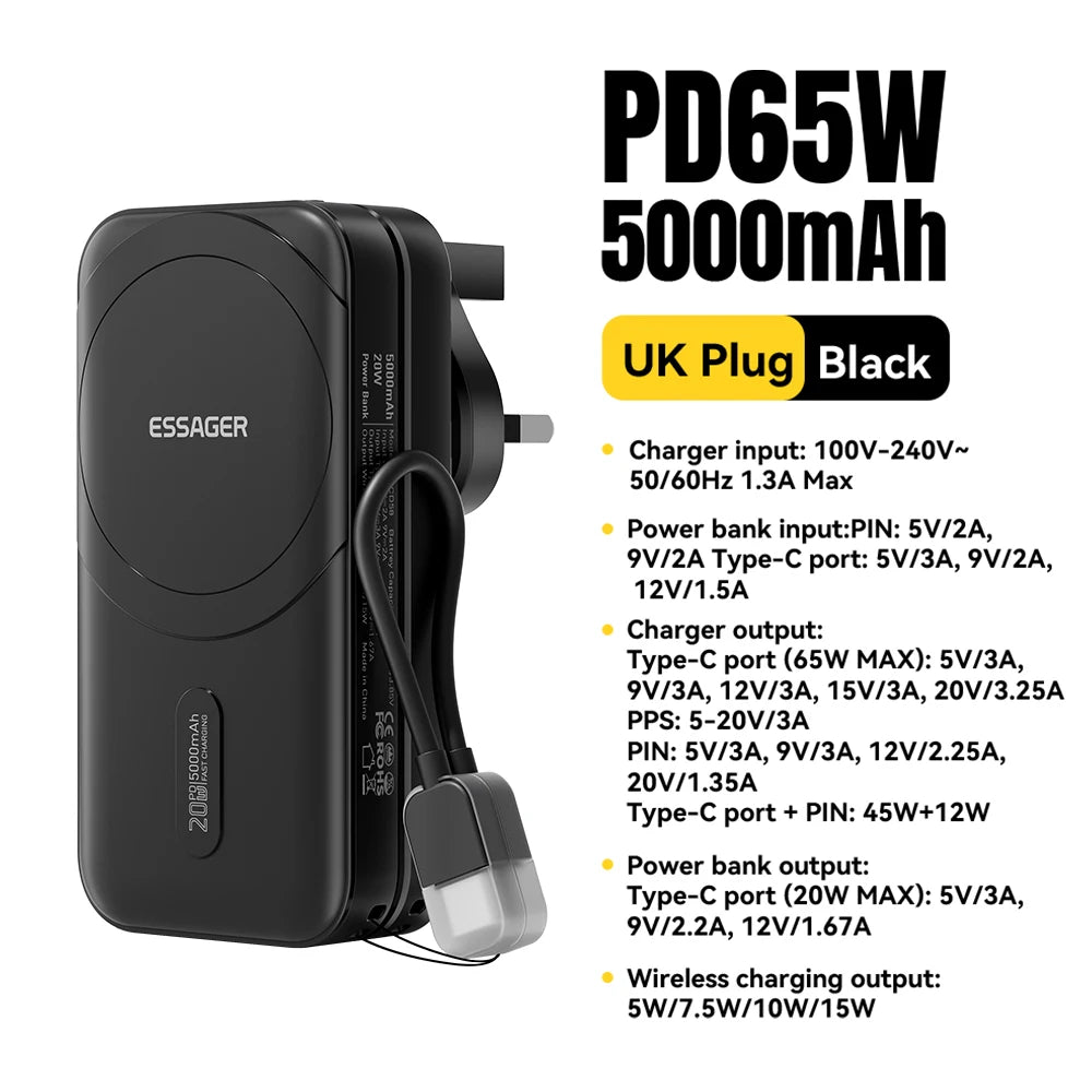 ESSAGER 3-v-1 magnetna 65W GaN polnilna baterija 5000 mAh