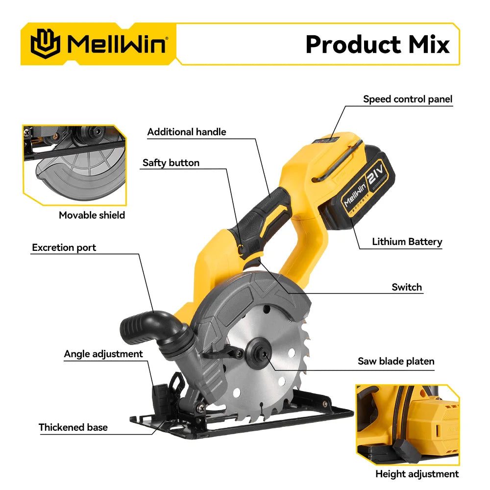 MELLWIN 150MM 6 Inch Brushless Circular Saw Handheld Multi-function Electric Saws Power Tool For Makita 18V Battery Pin - Limetastore