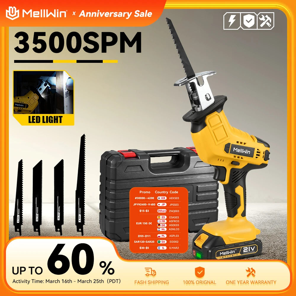 MELLWIN Cordless Electric Reciprocating Saw Multifunction Cut Saw Metal Wood PVC Pipe Cutting Tool For Makita 18VBattery Pin - Limetastore