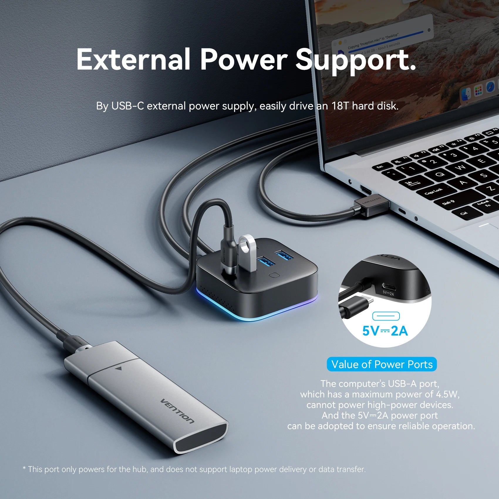 Vention USB 3.0 / USB-C 3.2 Gen1 RGB zvezdišče | 4-portni 5Gbps namizni razdelilnik za PC in prenosnik