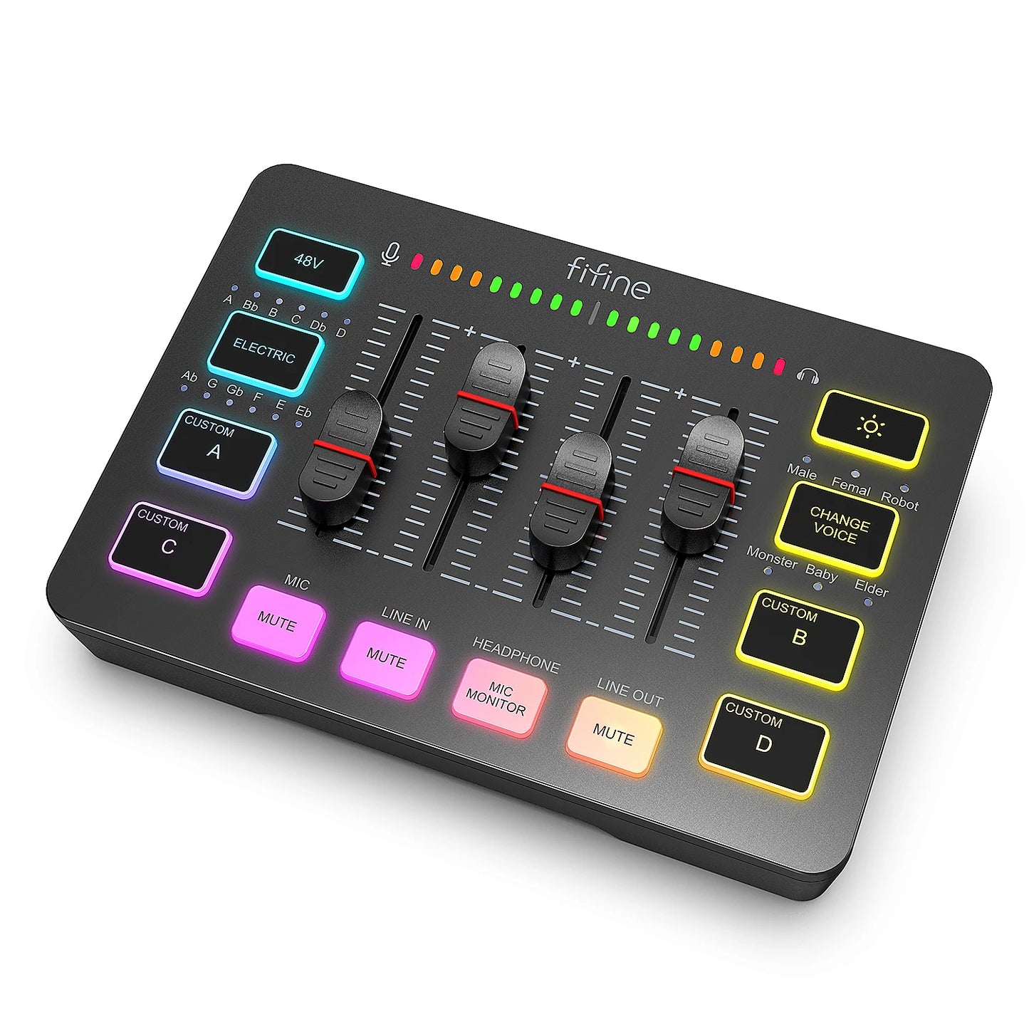 FIFINE igralni avdio mešalnik, pretočni 4-kanalni RGB mešalnik z vmesnikom za mikrofon XLR, za glas v igrah, podcaste, AmpliGame SC3
