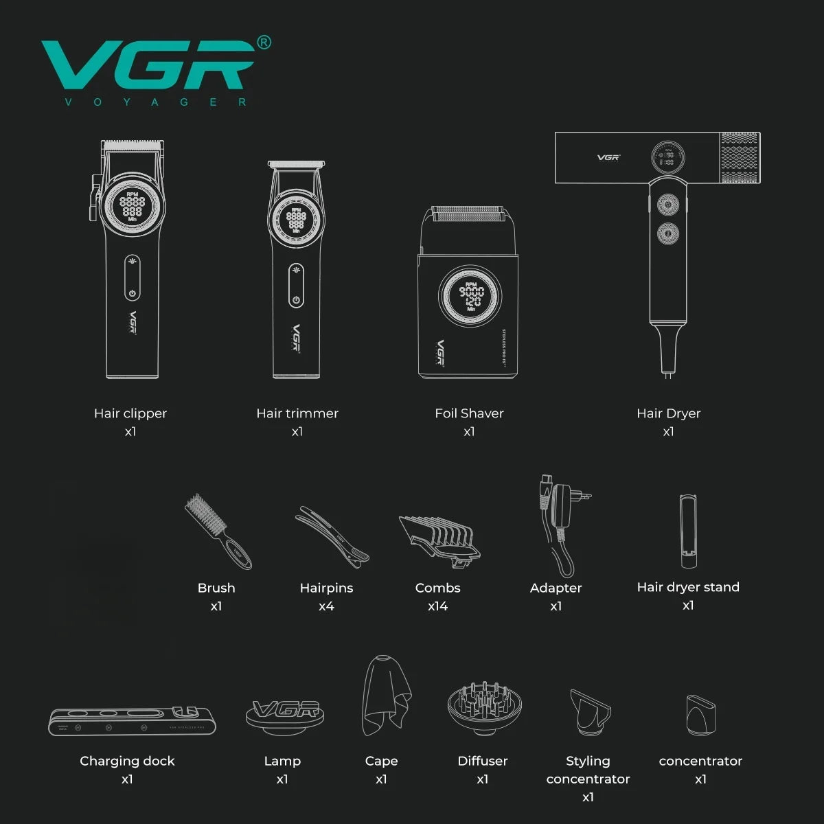 VGR Stepless Pro 4-in-1 Barber Kit – Clipper, Trimmer, Shaver & Dryer