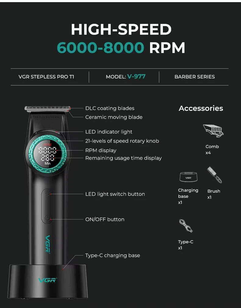 VGR V-001 PRO Hair Clipper – 9,000 RPM, 4600mAh, 300-Min Runtime