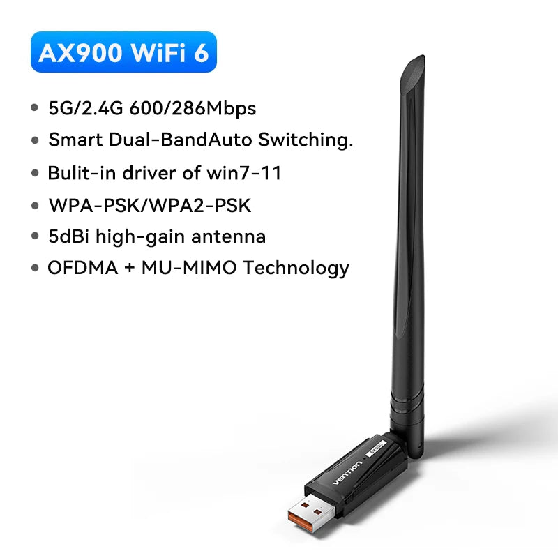 Vention WiFi 6 AX900 USB adapter | Dvopasovni 2,4/5 GHz brezžični ključek za osebni računalnik in prenosnik z operacijskim sistemom Windows