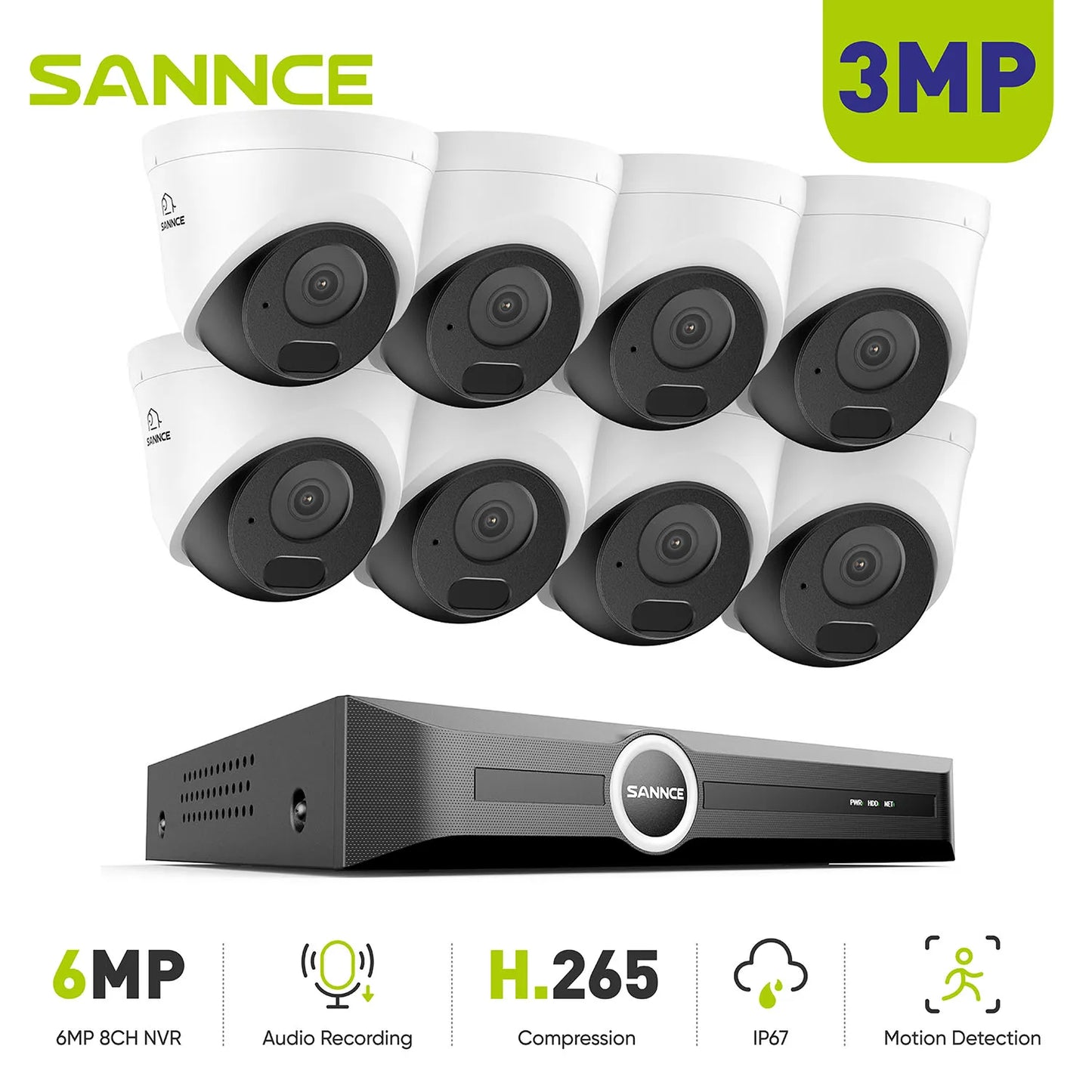 SANNCE 3MP/5MP PoE CCTV sistem | 8-kanalni H.265 NVR, zvok, ONVIF, nočni vid