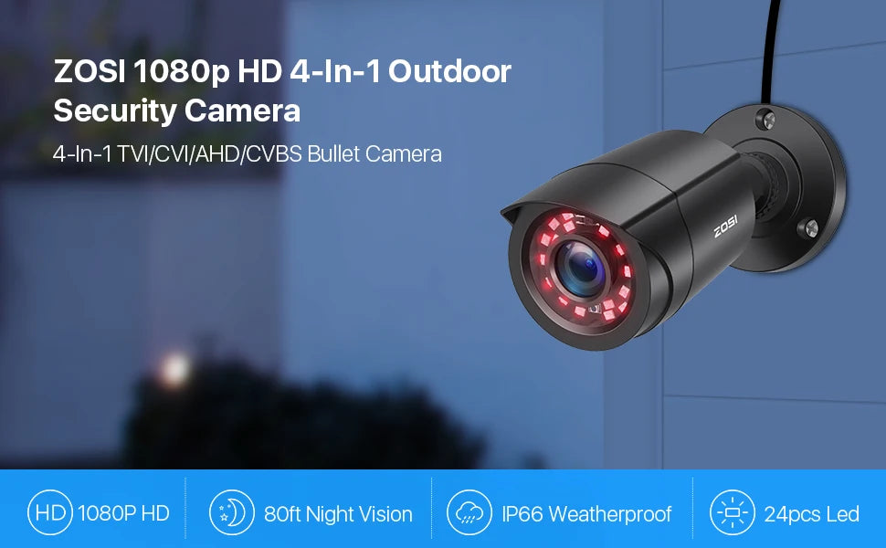 ZOSI 1080p 4-v-1 varnostna kamera – 2 MP zunanja vodoodporna CCTV s 3,6 mm objektivom, 24 IR LED-diodami in 24 m nočnega vida