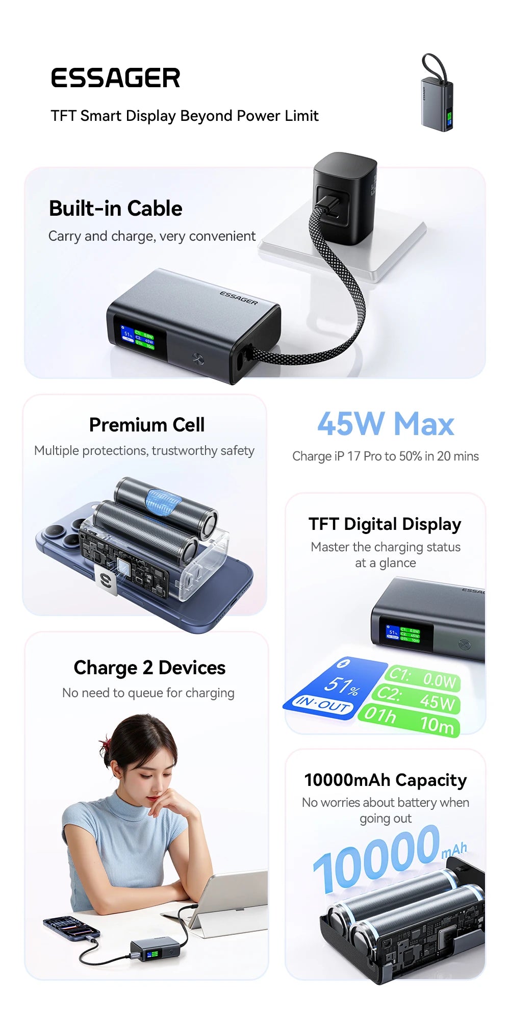 ESSAGER 45W Power Bank 10000 mAh z vgrajenim kablom USB-C