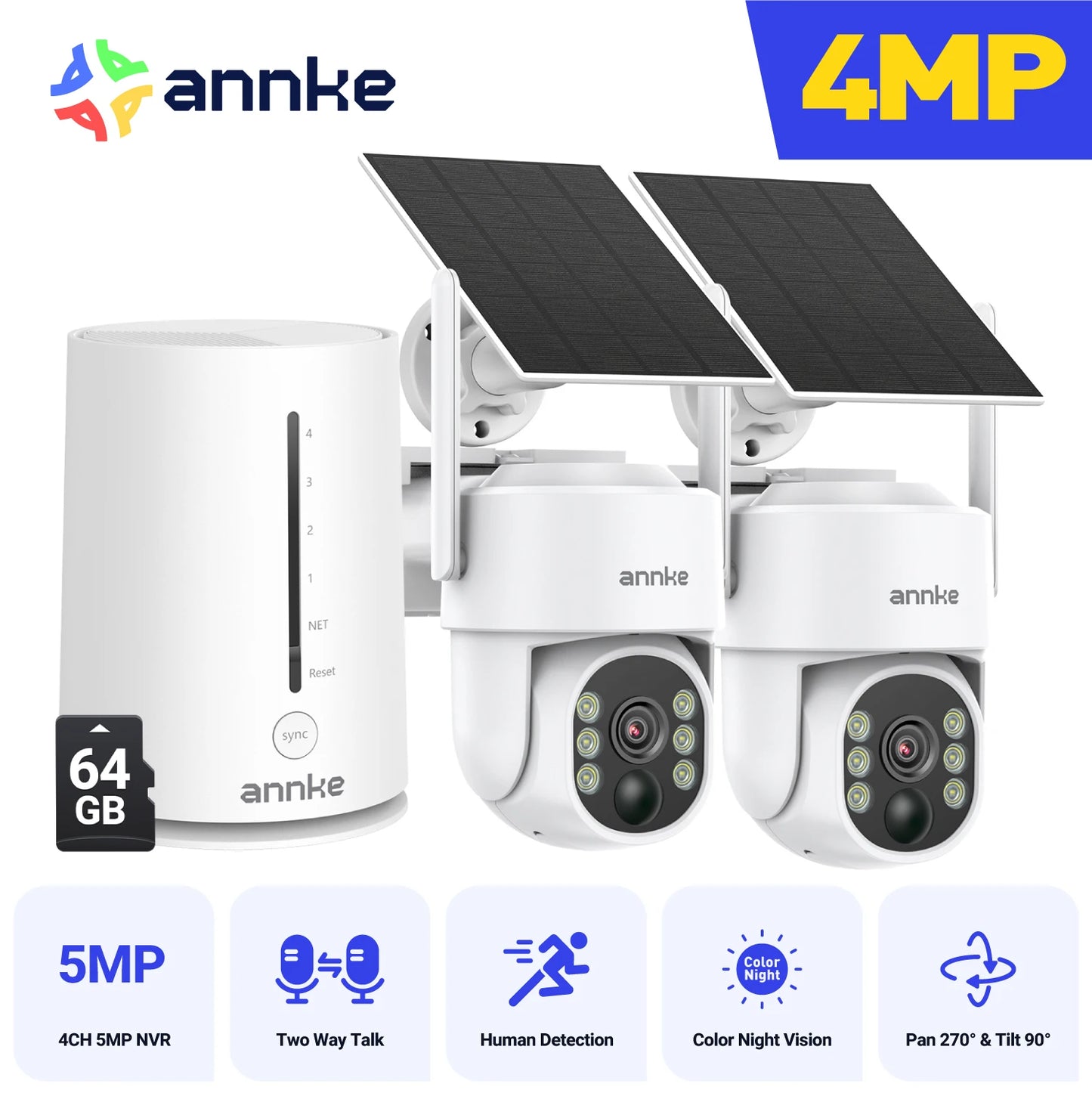 ANNKE 4MP Solar Wireless Camera System | 4CH NVR, Color Night Vision, Dual‑Band WiFi