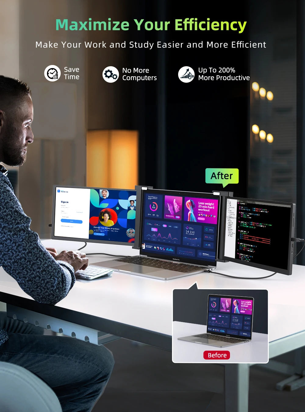UPERFECT UStation Z 14 Triple Screen Laptop Monitor Extender - Portable Workstation for Dell, Mac, ASUS, HP, Plug & Play - Limetastore